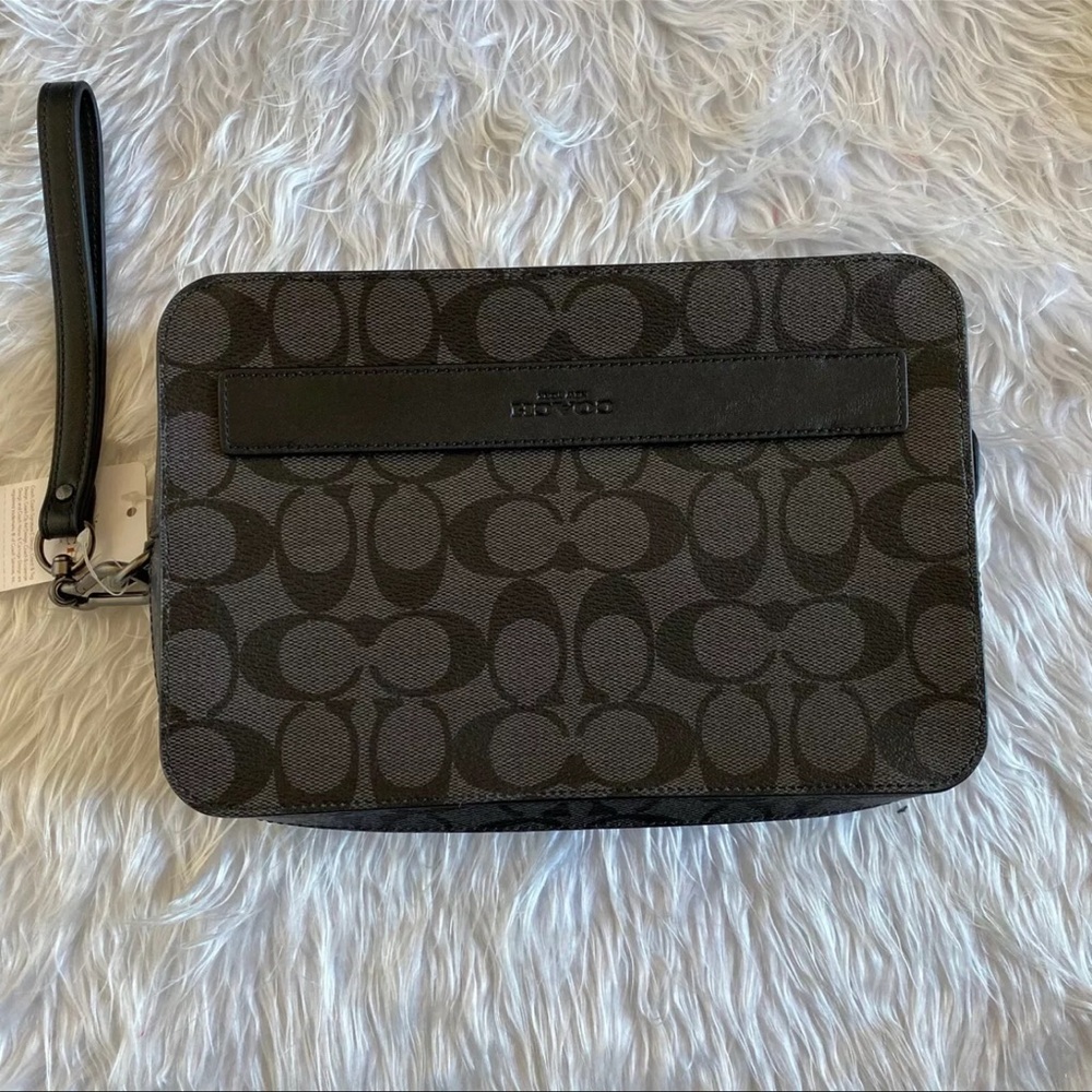 Coach F58541 Men's Pouchette Signature Charcoal Black Canvas Leather Wristlet